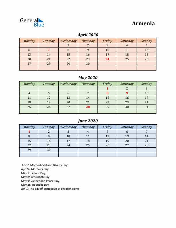 Q2 2020 Holiday Calendar - Armenia