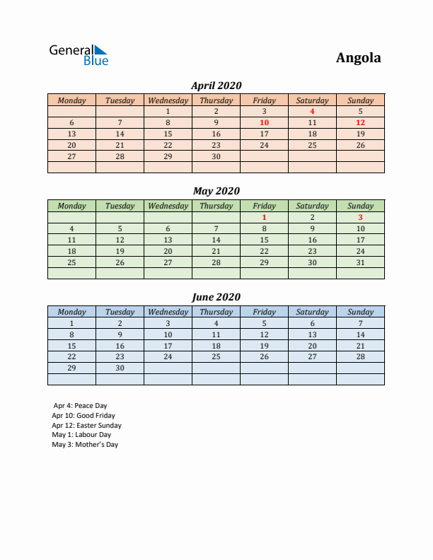 Q2 2020 Holiday Calendar - Angola