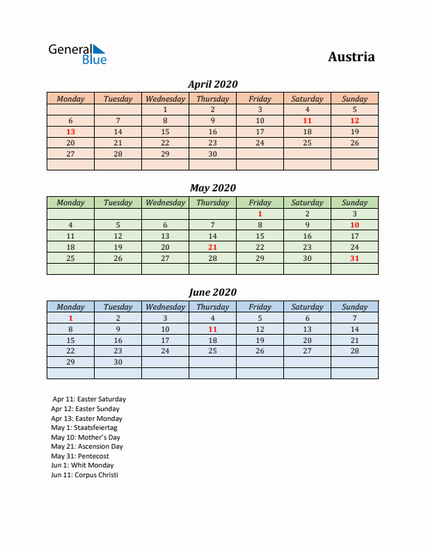 Q2 2020 Holiday Calendar - Austria