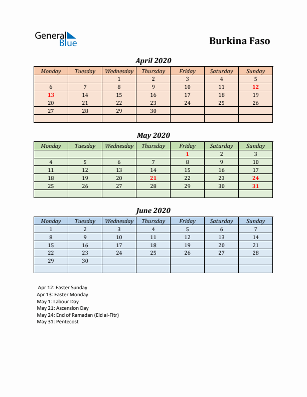 Q2 2020 Holiday Calendar - Burkina Faso