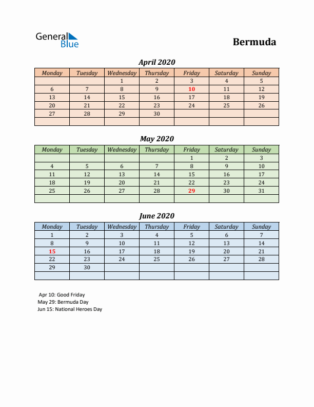 Q2 2020 Holiday Calendar - Bermuda