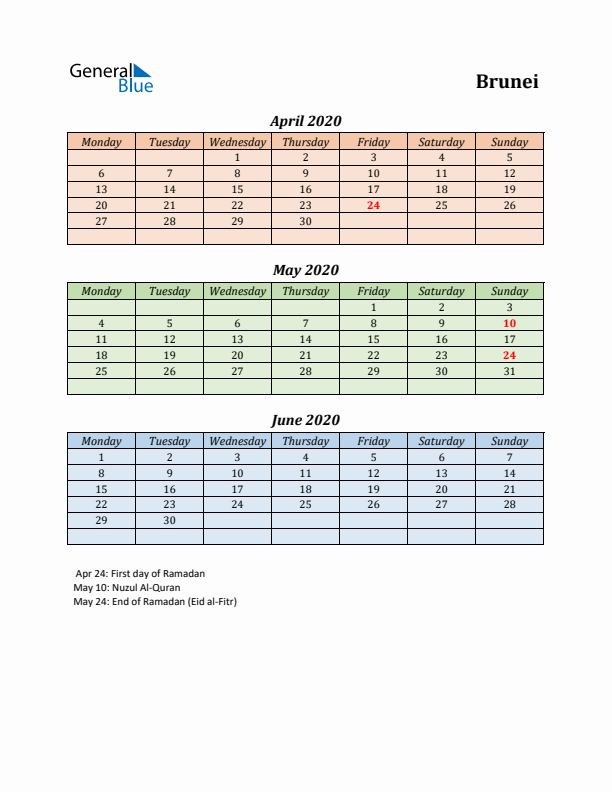 Q2 2020 Holiday Calendar - Brunei