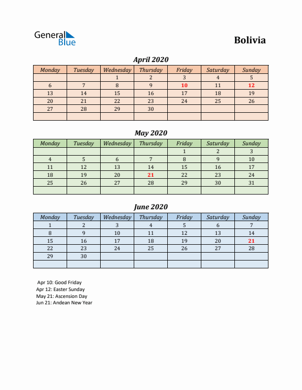 Q2 2020 Holiday Calendar - Bolivia