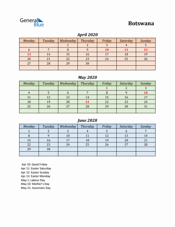 Q2 2020 Holiday Calendar - Botswana