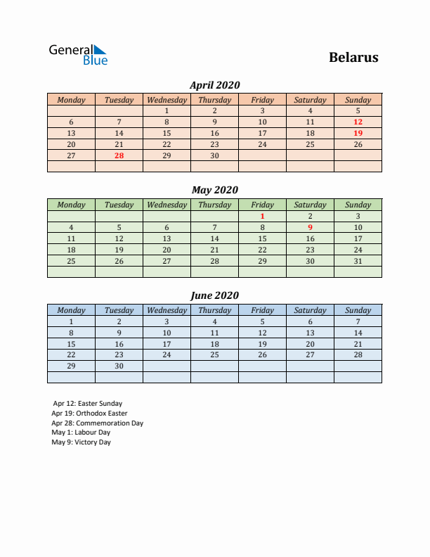 Q2 2020 Holiday Calendar - Belarus