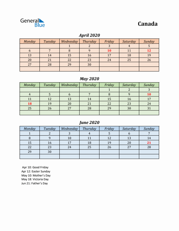 Q2 2020 Holiday Calendar - Canada