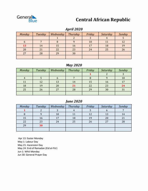 Q2 2020 Holiday Calendar - Central African Republic