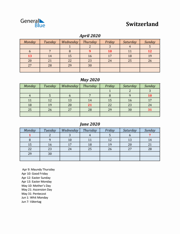 Q2 2020 Holiday Calendar - Switzerland