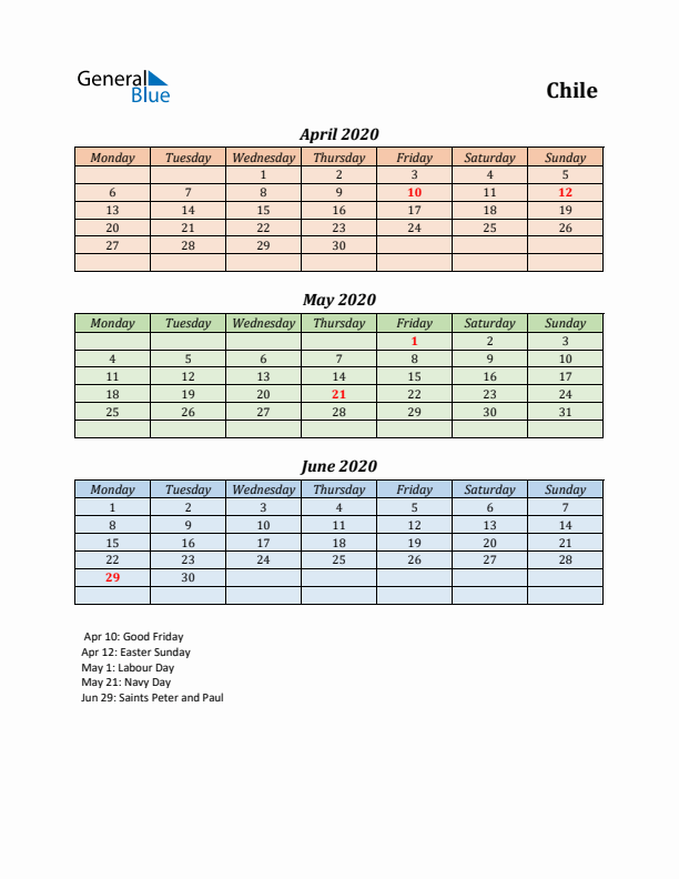 Q2 2020 Holiday Calendar - Chile