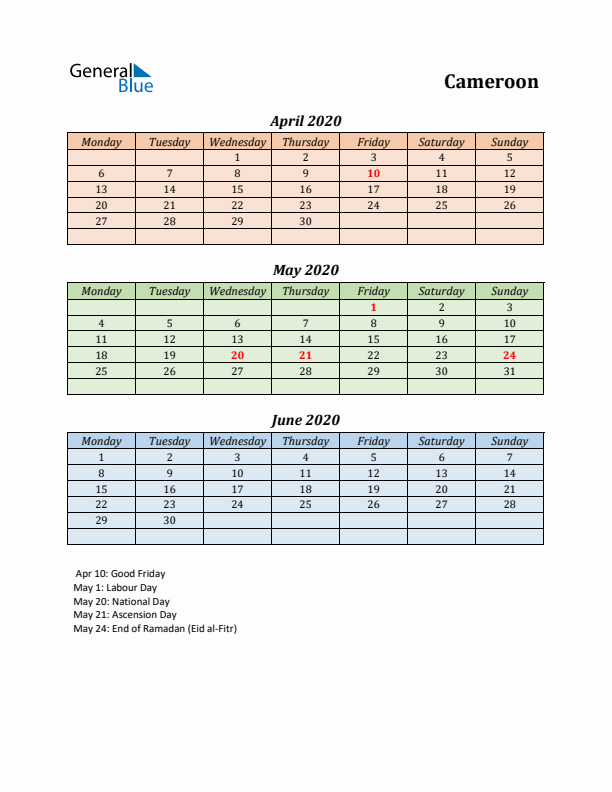 Q2 2020 Holiday Calendar - Cameroon