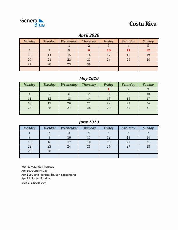 Q2 2020 Holiday Calendar - Costa Rica