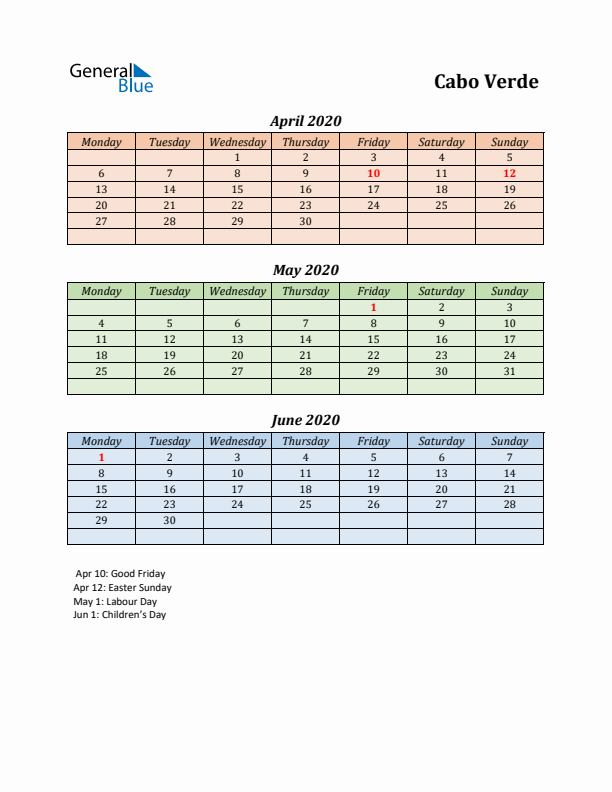 Q2 2020 Holiday Calendar - Cabo Verde