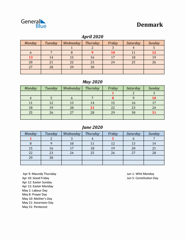 Q2 2020 Holiday Calendar - Denmark