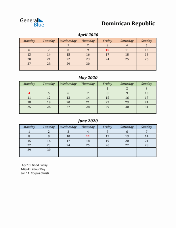 Q2 2020 Holiday Calendar - Dominican Republic