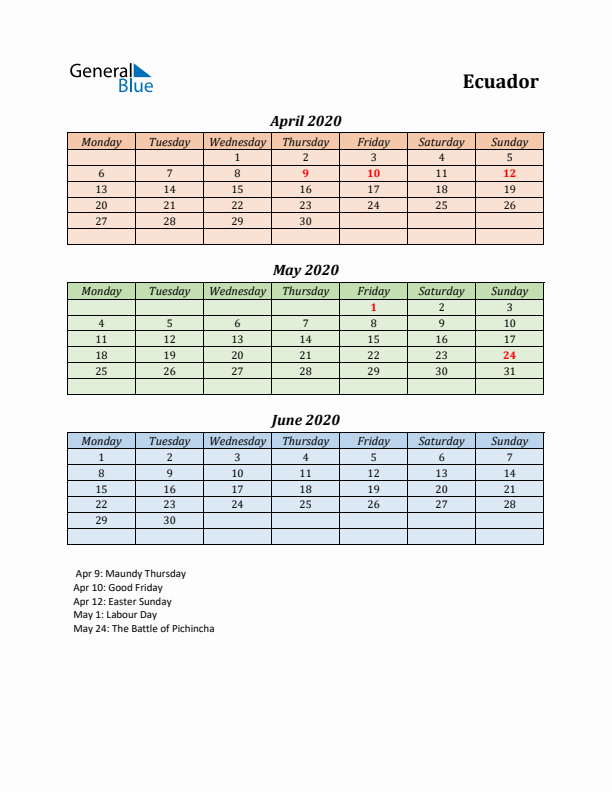 Q2 2020 Holiday Calendar - Ecuador