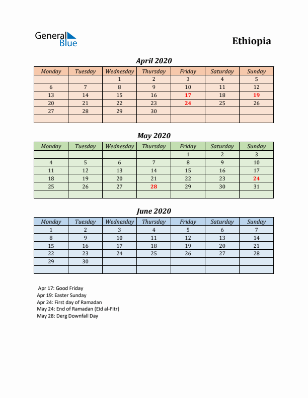 Q2 2020 Holiday Calendar - Ethiopia