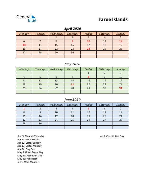 Q2 2020 Holiday Calendar - Faroe Islands