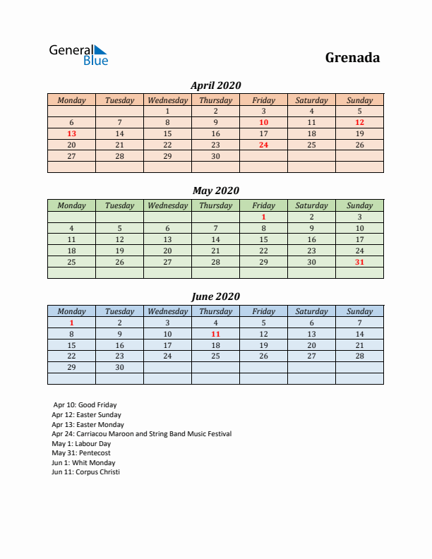 Q2 2020 Holiday Calendar - Grenada