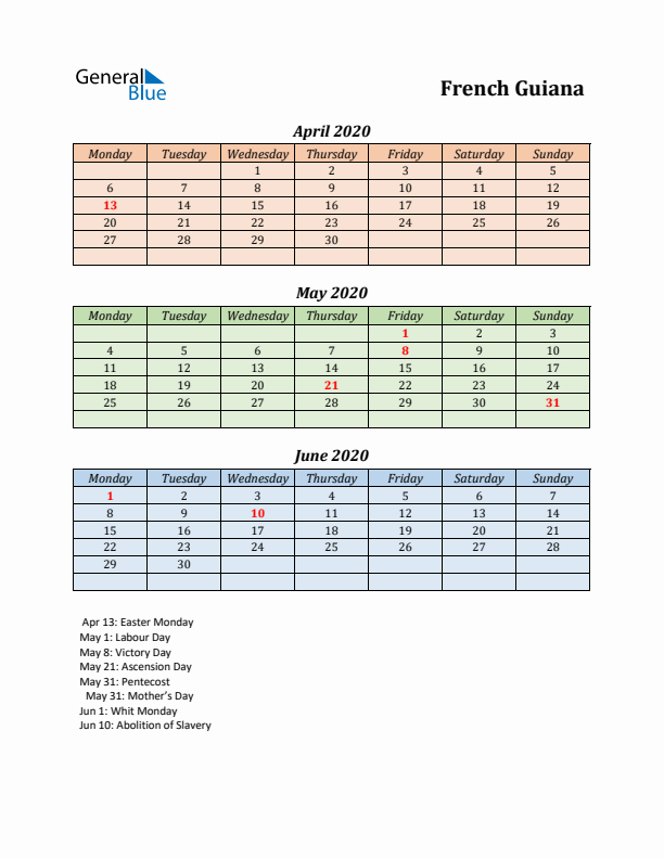 Q2 2020 Holiday Calendar - French Guiana