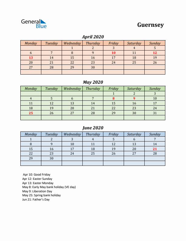 Q2 2020 Holiday Calendar - Guernsey