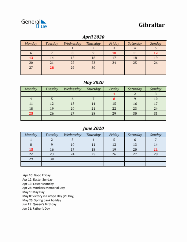 Q2 2020 Holiday Calendar - Gibraltar