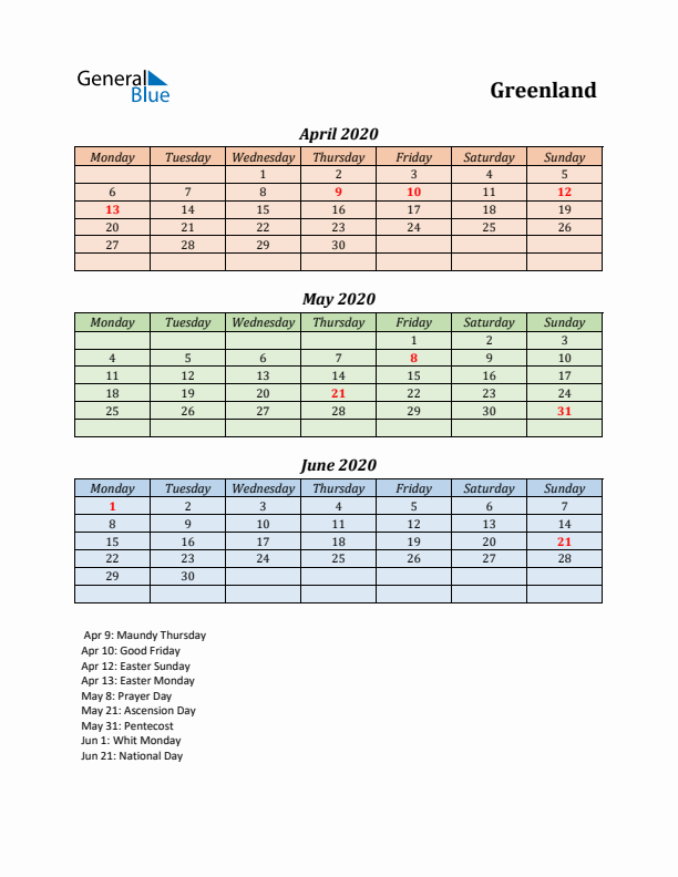 Q2 2020 Holiday Calendar - Greenland