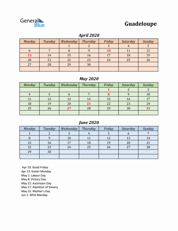 Q2 2020 Holiday Calendar - Guadeloupe