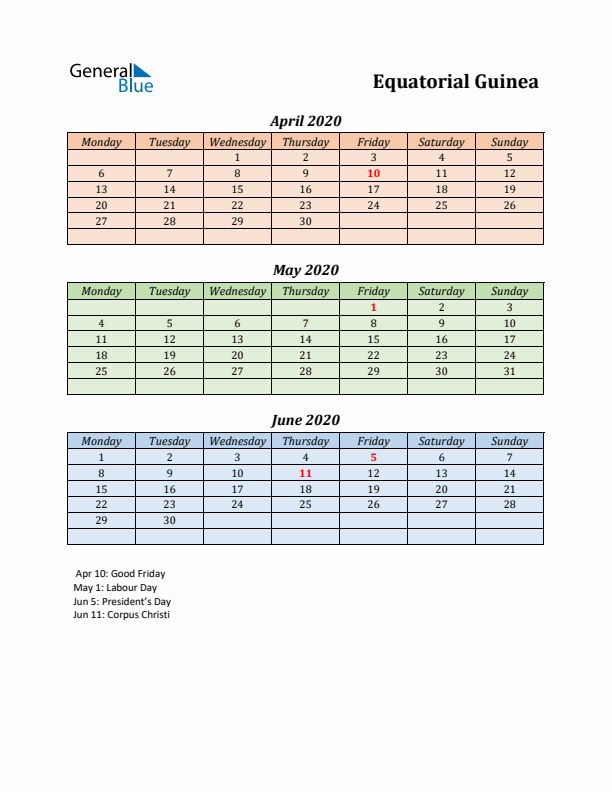 Q2 2020 Holiday Calendar - Equatorial Guinea