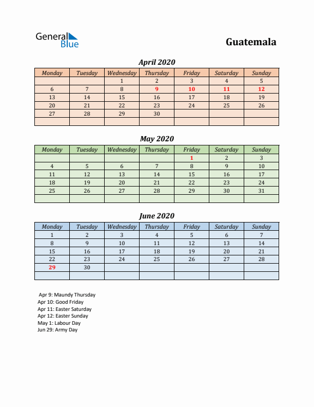 Q2 2020 Holiday Calendar - Guatemala