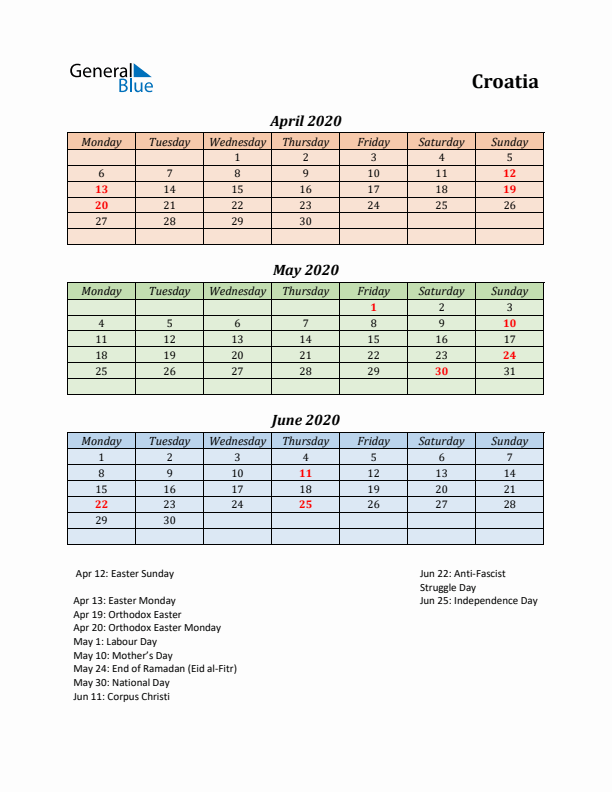 Q2 2020 Holiday Calendar - Croatia