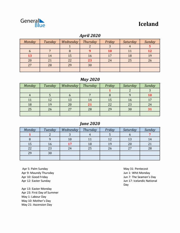 Q2 2020 Holiday Calendar - Iceland