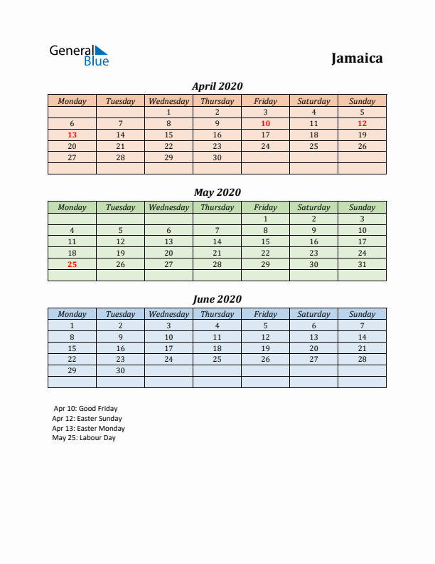 Q2 2020 Holiday Calendar - Jamaica