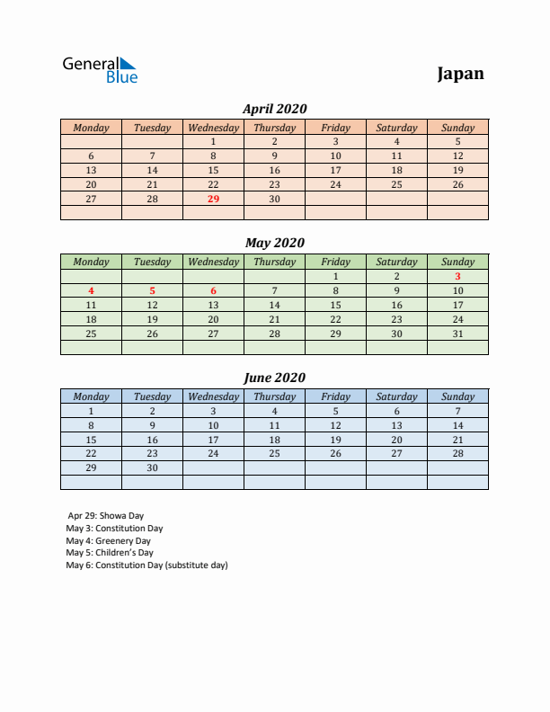 Q2 2020 Holiday Calendar - Japan