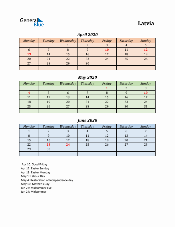 Q2 2020 Holiday Calendar - Latvia