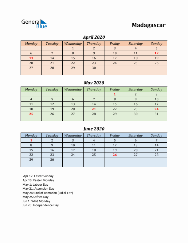 Q2 2020 Holiday Calendar - Madagascar