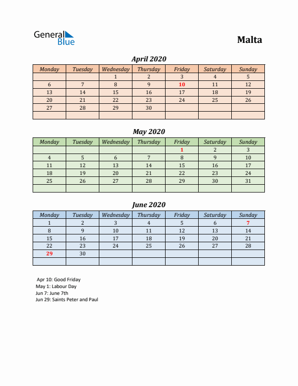 Q2 2020 Holiday Calendar - Malta