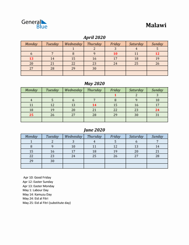 Q2 2020 Holiday Calendar - Malawi