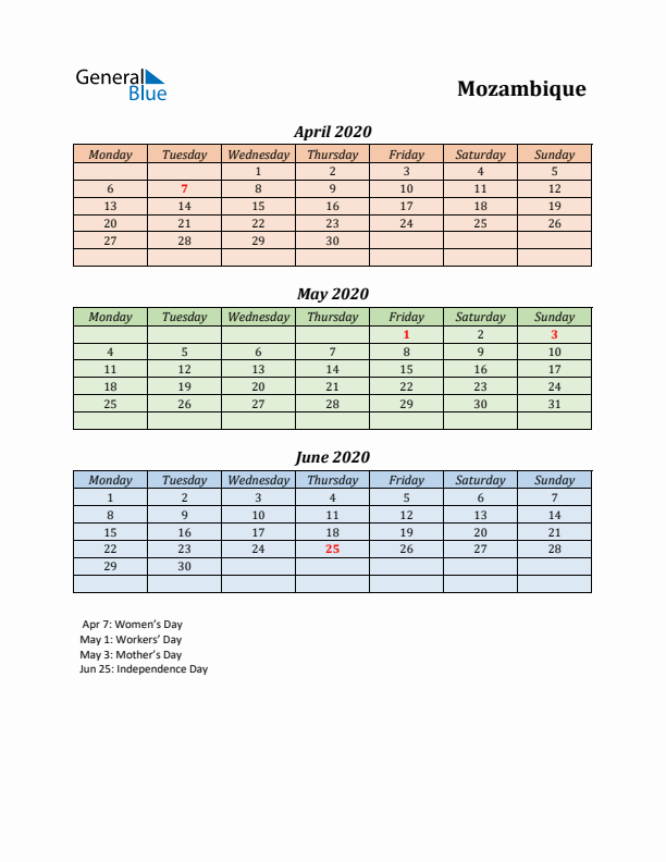 Q2 2020 Holiday Calendar - Mozambique