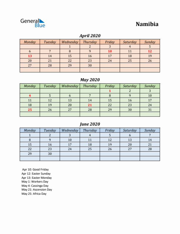 Q2 2020 Holiday Calendar - Namibia