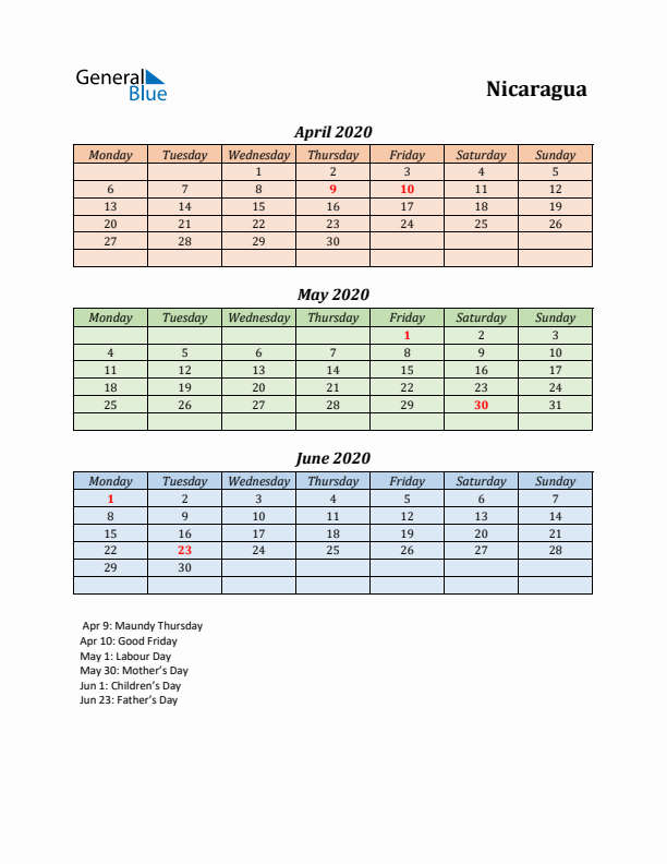 Q2 2020 Holiday Calendar - Nicaragua