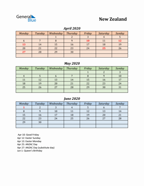 Q2 2020 Holiday Calendar - New Zealand