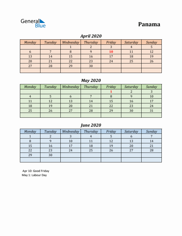 Q2 2020 Holiday Calendar - Panama