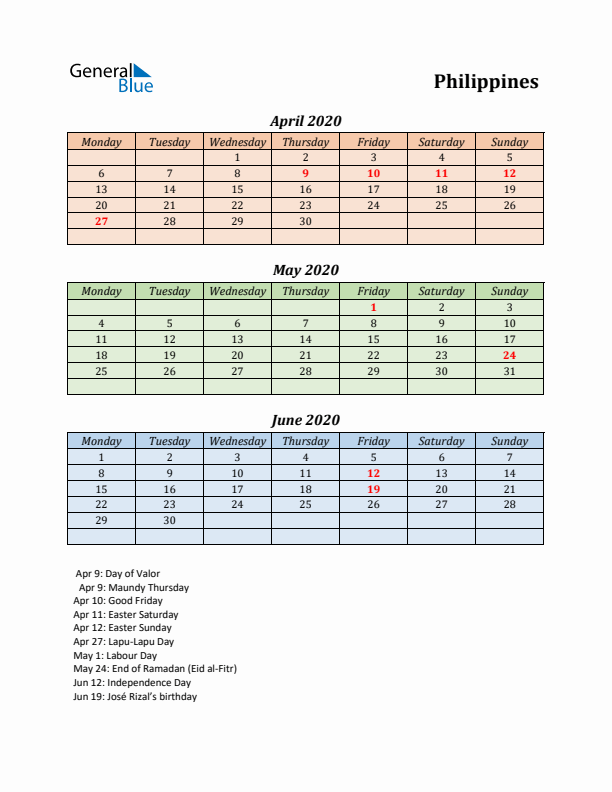 Q2 2020 Holiday Calendar - Philippines