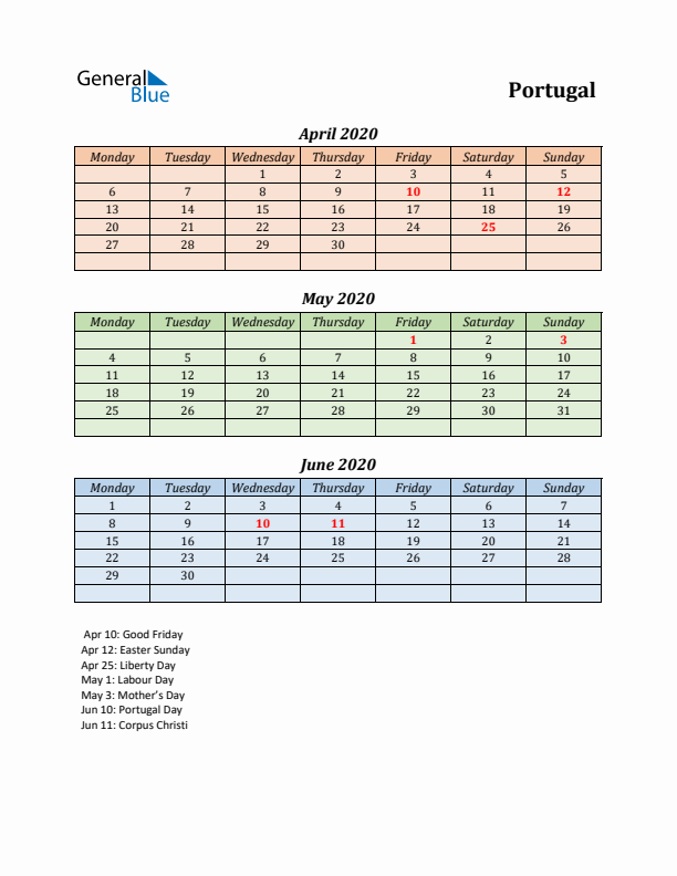 Q2 2020 Holiday Calendar - Portugal