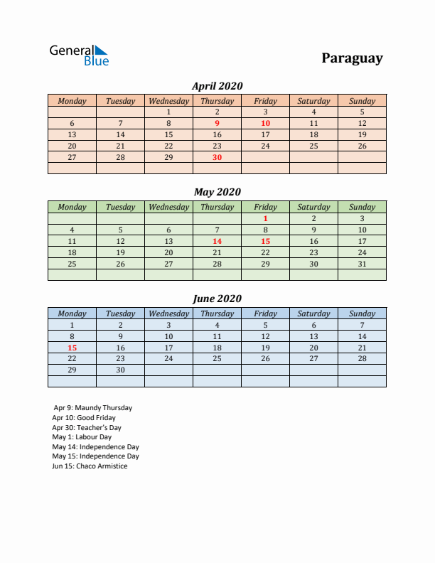 Q2 2020 Holiday Calendar - Paraguay