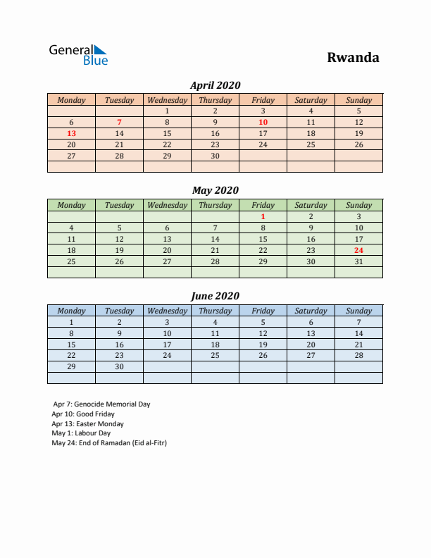 Q2 2020 Holiday Calendar - Rwanda