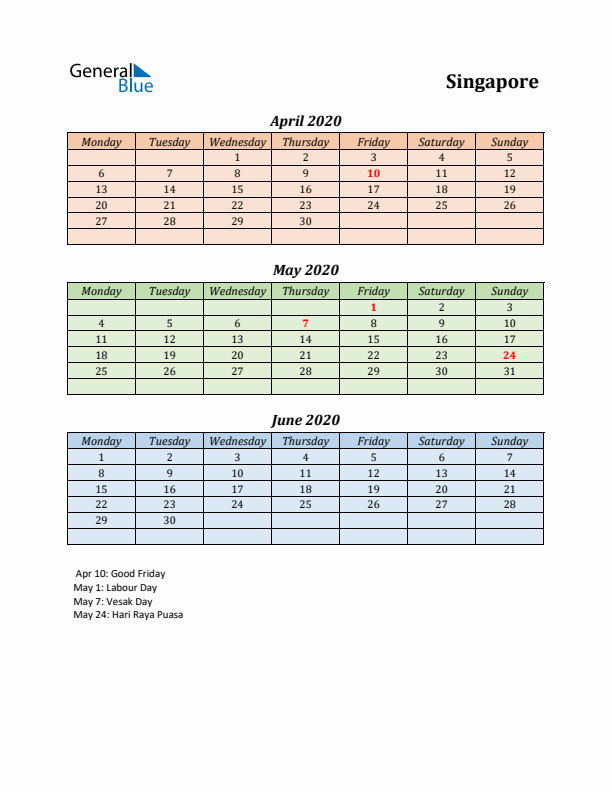 Q2 2020 Holiday Calendar - Singapore