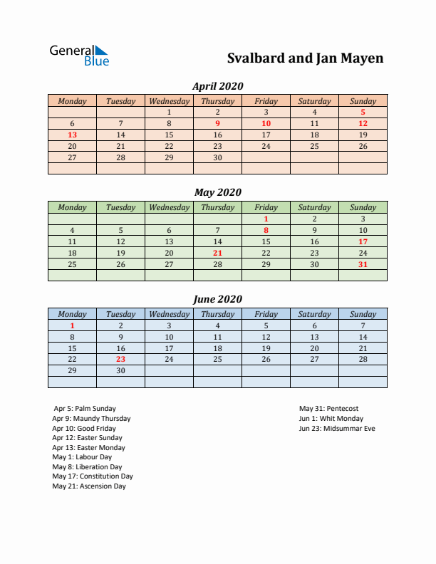 Q2 2020 Holiday Calendar - Svalbard and Jan Mayen