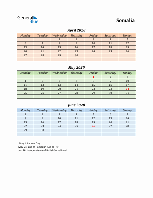 Q2 2020 Holiday Calendar - Somalia