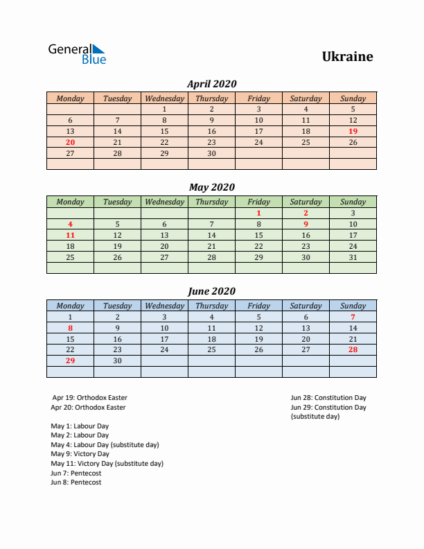 Q2 2020 Holiday Calendar - Ukraine